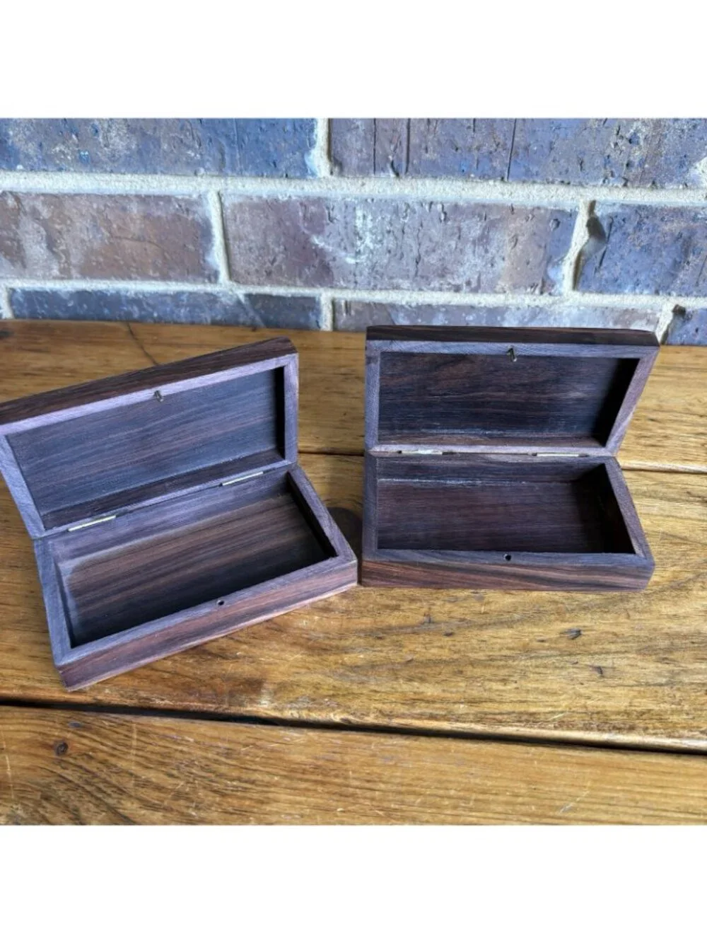 2 Wooden Trinket Boxes Brass Inlay Diamond Top Measurements In Photos